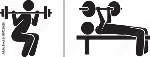 Stick figure weightlifting icons showing squat and bench press exercises isolated on white background vector