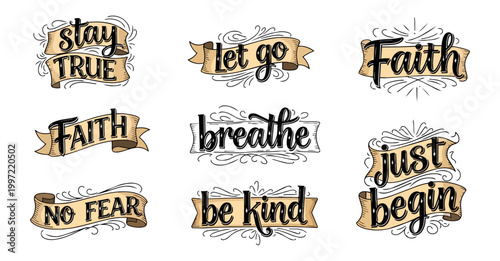 Inspiring motivational words in ribbons isolated on black