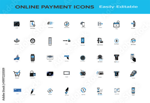 Online payment method icons for e-commerce and digital transactions with ecommerce transaction transfer shopping security purchase business technology illustration
