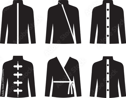 Clothing Closure Types Silhouettes Set Zipper Button Toggle Wrap Tie Snap Vector Bundle