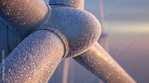 Close-up of a wind turbine hub, coated with frost, against a soft, sunlit sky. Blades appear smooth