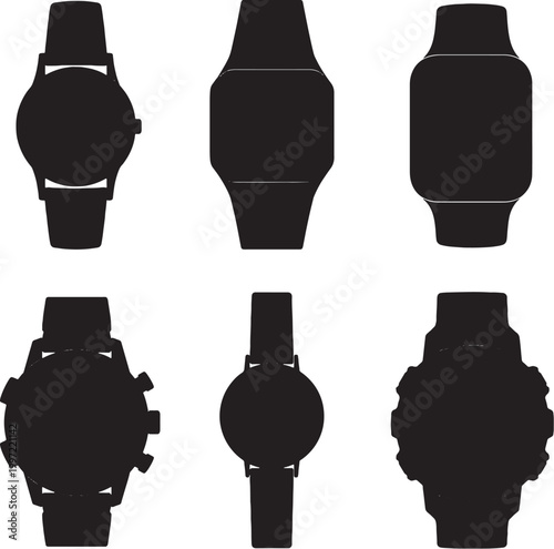 black silhouette watch bundle classic digital smartwatch chronograph sport minimalist vector set isolated