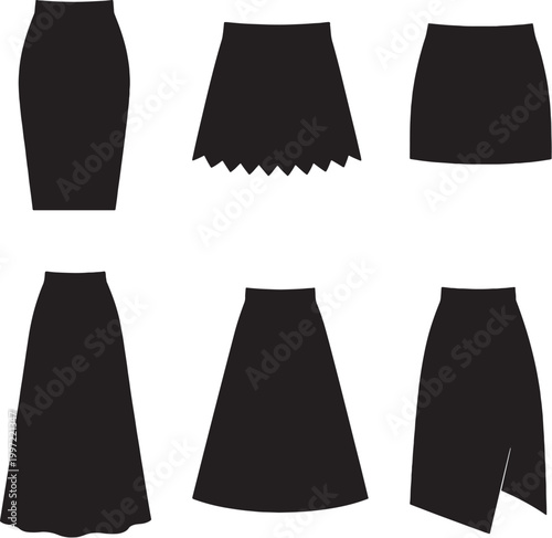 Black skirt silhouettes bundle pencil pleated mini maxi aline wrap skirt vector set minimal illustration