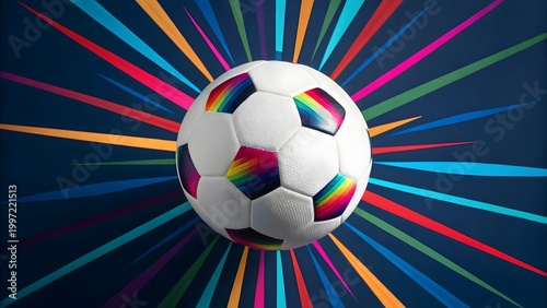 Vibrant abstract soccer ball design with colorful rays