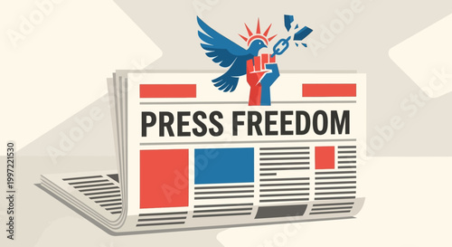 Symbol of press freedom with a bird breaking chains over a newspaper.