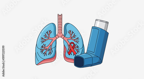 Illustration of lungs with red ribbon and asthma inhaler.