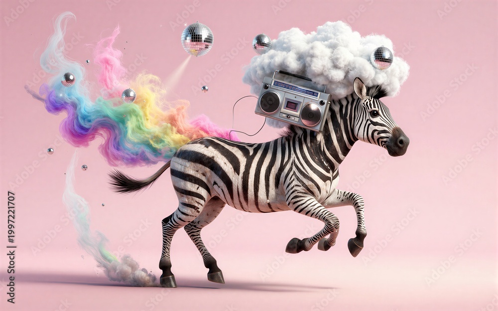 Fototapeta premium Zebra runs with boombox rainbow clouds and disco balls floating above.