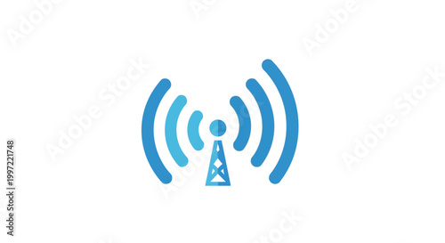 Blue wireless signal antenna icon with broadcasting radio waves