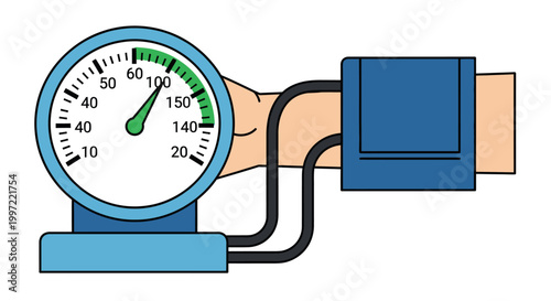 Vector illustration of a blood pressure monitor measuring arterial tension on a human arm