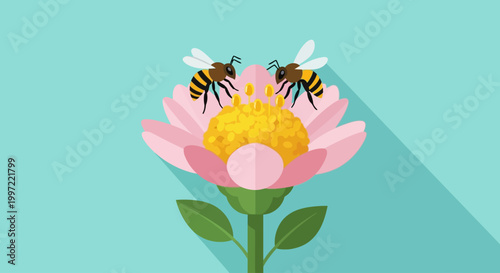 Flat design illustration of two honey bees pollinating a pink flower