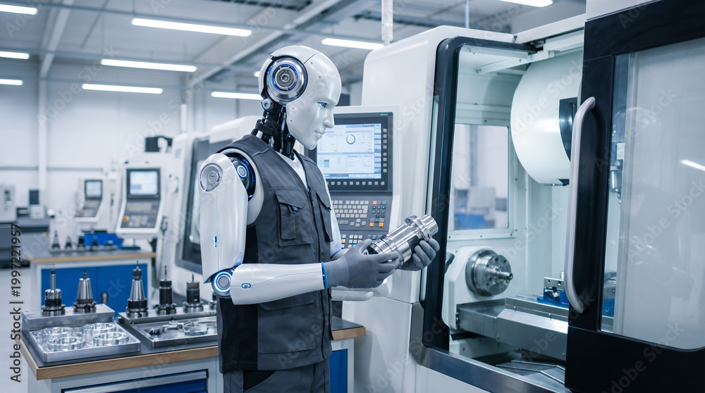Fototapeta premium AI Robot CNC Machine Operator in Smart Manufacturing Factory