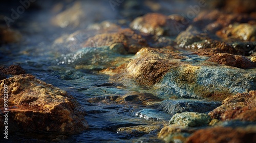 Close-up of a stream winding through colorful, mineral-rich rocks, with steam rising from the warm water