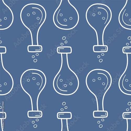 Chemical flasks. linear drawing on a blue background. Repeating pattern of lab glassware with bubbles