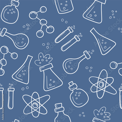 Chemical, Science pattern with beakers, molecules, and atoms. White line-drawn scientific icons on blue background