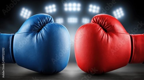 Close up studio shot of blue and red boxing gloves facing each other