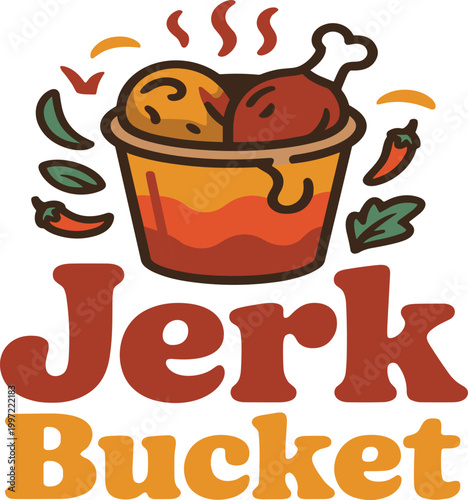 Jerk bucket with fried chicken, chili peppers, and steam vector illustration