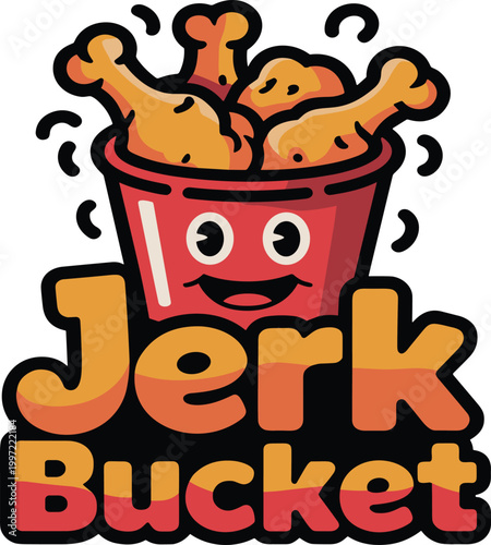 Cartoon fried chicken bucket character with jerk bucket text vector illustration