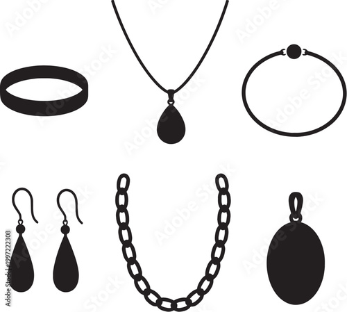 Black jewelry silhouettes bundle ring necklace bracelet earrings pendant chain minimal vector illustration set