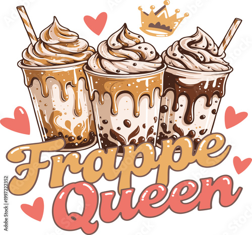 Three frappe cups with whipped cream, boba pearls, and frappe queen text vector illustration