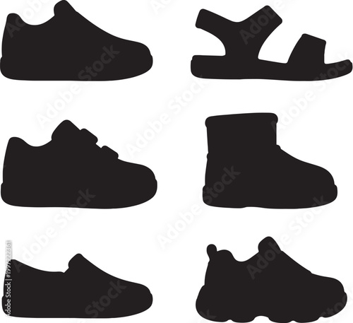 Black kids shoes silhouettes bundle sneaker sandal velcro boot slip on cartoon chunky footwear vector set