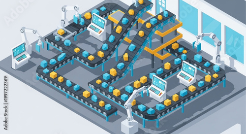 Automated Factory Production Line with Robots and Conveyor Belts.