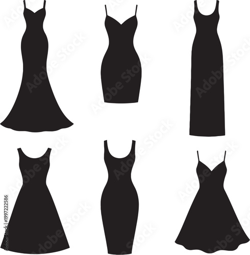 Black dress silhouettes bundle evening gown cocktail maxi aline bodycon summer dress set minimal vector illustration