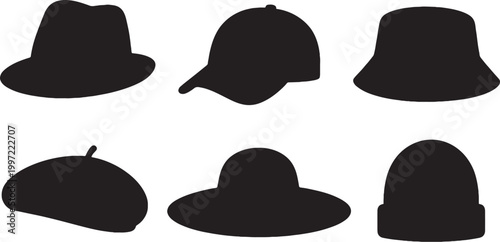 Black hat silhouettes set fedora baseball cap bucket hat beret sun hat beanie minimalist vector