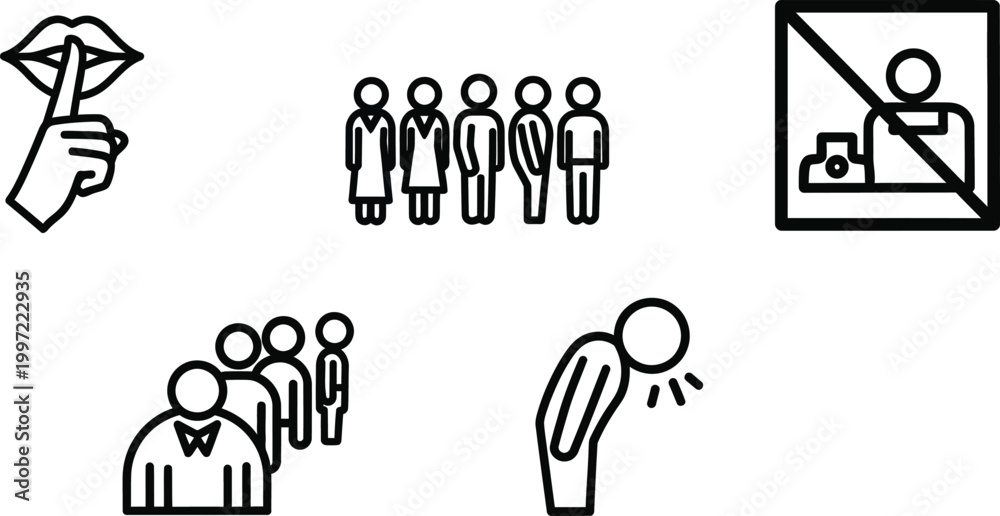 Fototapeta premium Set of icons: silence, group, no entry, queue, bowing