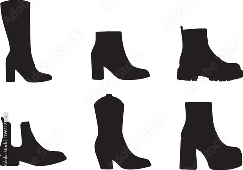 Black boot silhouettes set knee high ankle combat chelsea cowboy platform minimalist vector