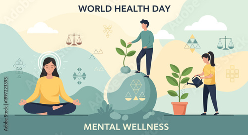 World Health Day celebration promoting mental wellness and self-care with healthy lifestyle concepts