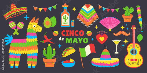 Cinco de Mayo Celebration Set with Mexican Food, Tequila, Guitar and Llama Pinata