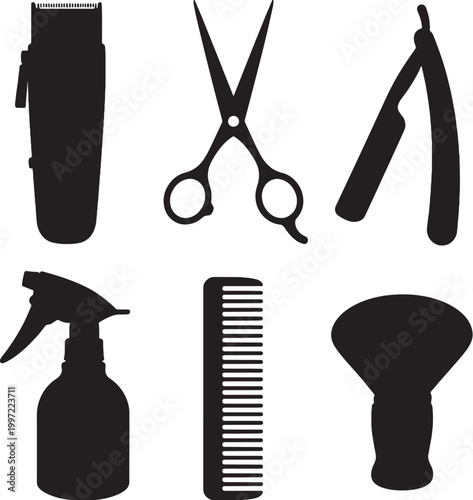 Barber tools silhouettes set clipper scissors razor spray comb brush vector bundle