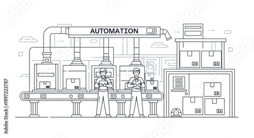 Automated Factory Production Line with Workers Overseeing Operations.