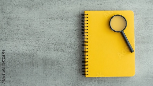Yellow spiral notebook with magnifying glass on textured surface