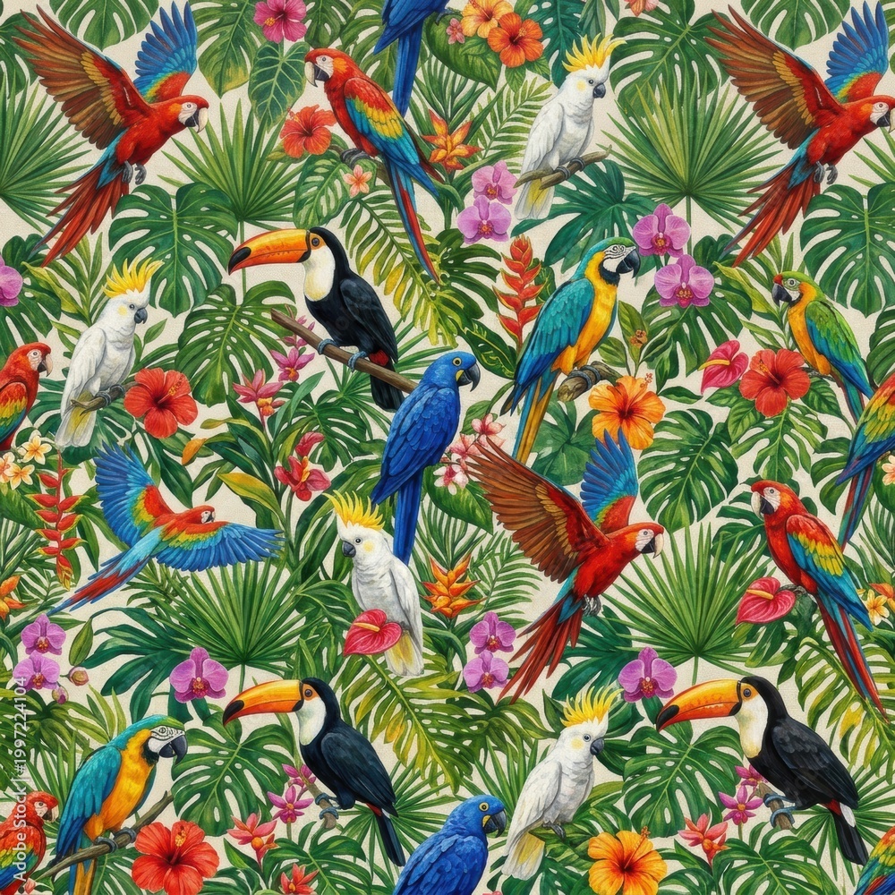 Fototapeta premium Brightly Colored Parrots and Toucans Among Palm Leaves and Flowers in a Lush Tropical Setting Filled With Various Birds