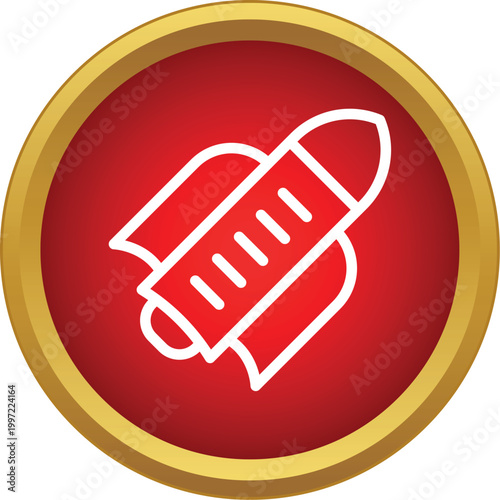 Rocket icon symbolizing business startup, innovation, and futuristic technology on a red button