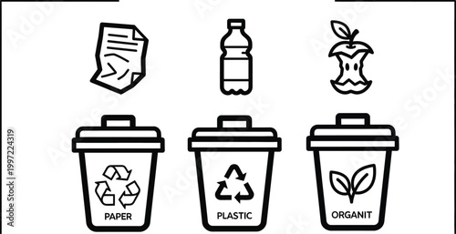 Recycling Bins Icons: Paper, Plastic, Organic Waste - Line Art Vector