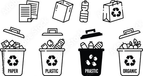 Recycling bins with different waste types: paper, plastic, organic. Icons for waste sorting.