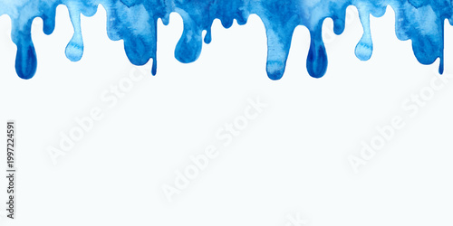 Abstract Blue Watercolor Dripping Border Background Vector Illustration. Hand painted ink splashes and water drops on white backdrop. Perfect for winter headers, frosty designs and banners