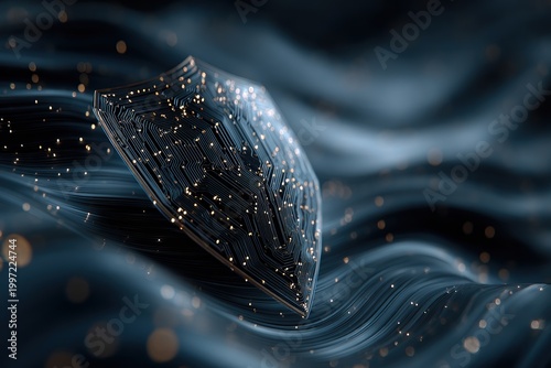 Digital Shield in the Cyber Sea: A sleek, digitally-rendered shield, symbolizing protection and security, floats amidst a fluid, wave-like backdrop, representing the dynamic nature of cyberspace. 