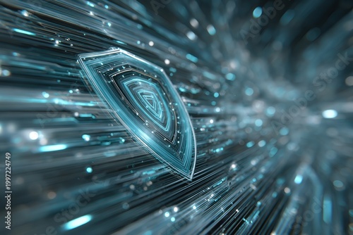 Digital Fortress: A conceptual depiction of cybersecurity, featuring a shimmering shield at the center of a dynamic, illuminated network of data streams.