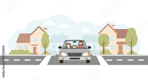 Family driving car on suburban street with houses and trees