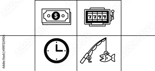 Money, Time, Gambling, and Fishing Icons: Concept of Leisure and Fortune
