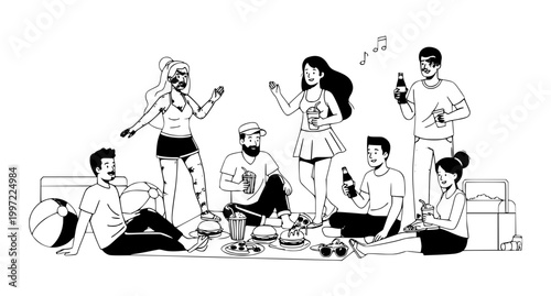 Young Friends Having Fun at Seaside Picnic Party with Food and Drinks Vector