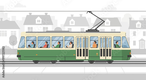 Green tram with passengers on city street, urban transport, public transportation