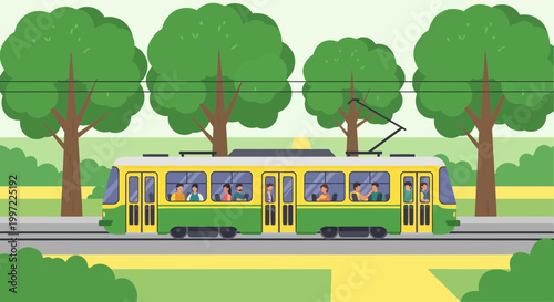 Green tram with passengers traveling through a park with trees and greenery