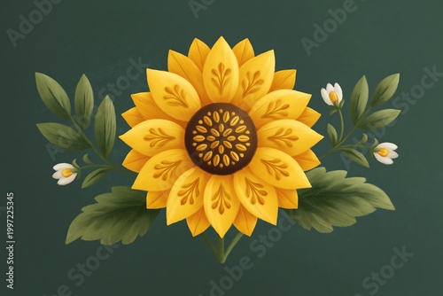 Folk art style illustration of a sunflower, decorative petals and seeds pattern, vibrant yellow and brown, traditional embroidery inspired, dark green background 