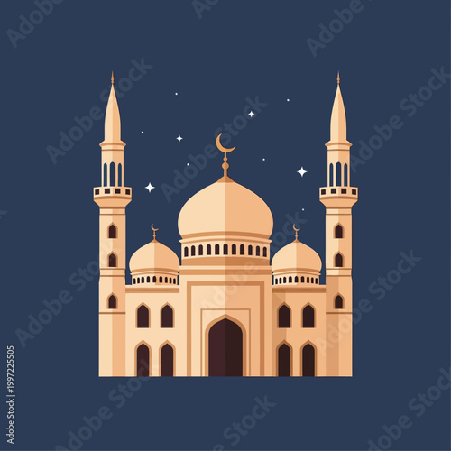 Illustration of a mosque with minarets and a night sky