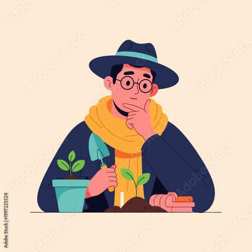 Man in a hat thinking about plants and gardening