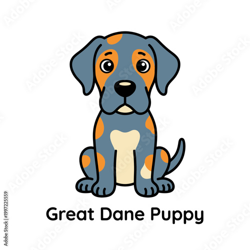 Simple cartoon great dane puppy illustration, depicting a sweet, young dog with distinctive spotted fur, conveying innocence and warmth in a playful manner